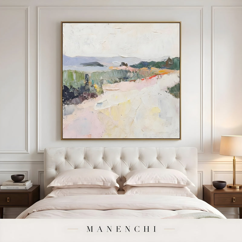Coastal Meadow Reverie abstract painting displayed in bedroom above bed
