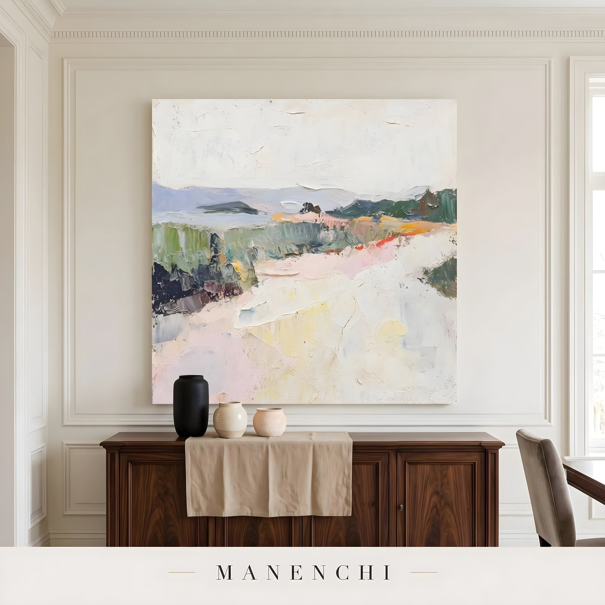 Coastal Meadow Reverie abstract painting displayed in dining room sideboard
