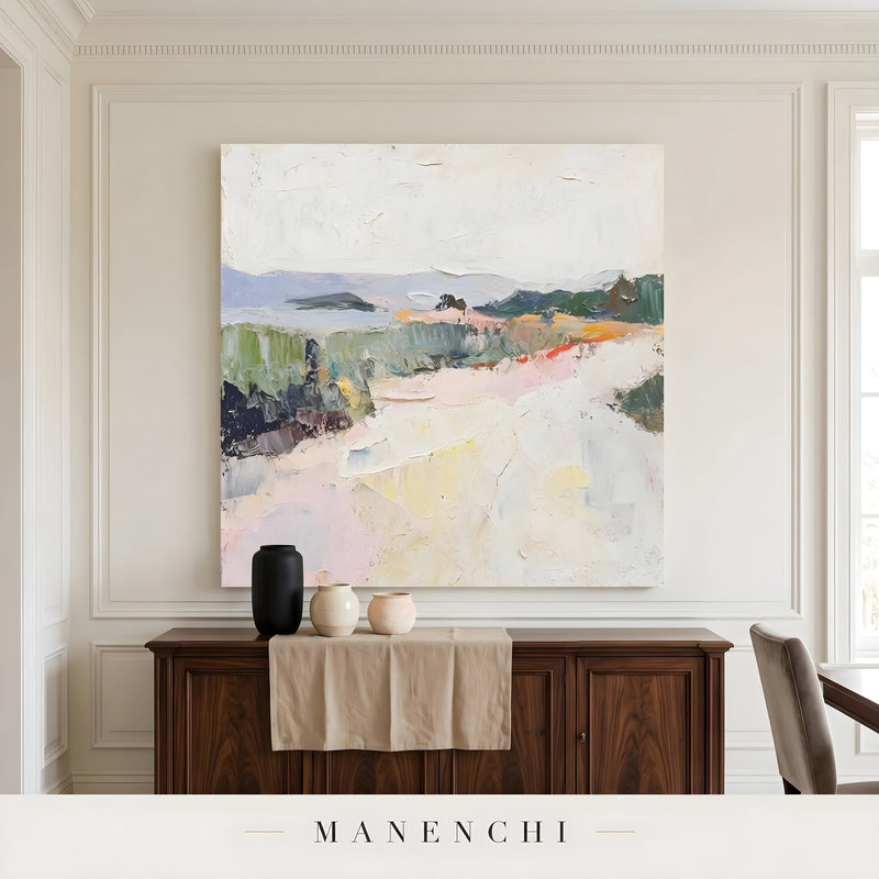 Coastal Meadow Reverie abstract painting displayed in dining room sideboard