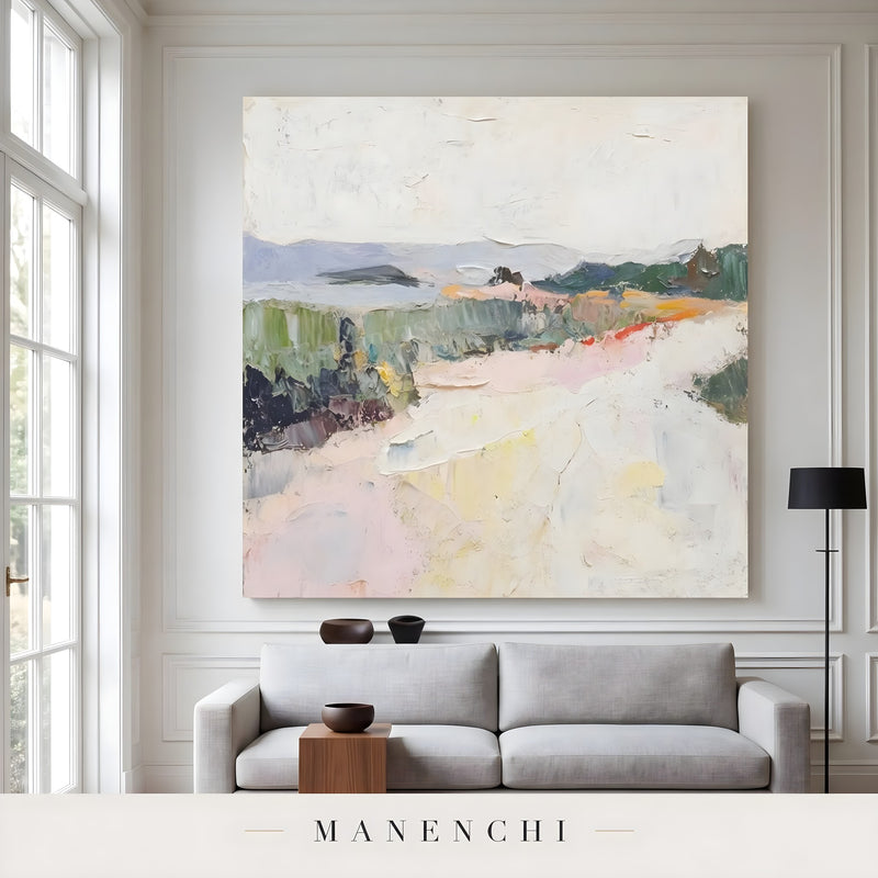 Coastal Meadow Reverie abstract painting displayed in living room sofa