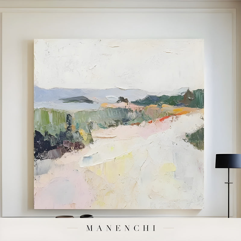 Coastal Meadow Reverie abstract painting displayed in modern interior wall art