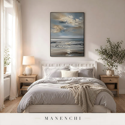 Coastal Nocturnal Horizon abstract painting displayed in bedroom interior