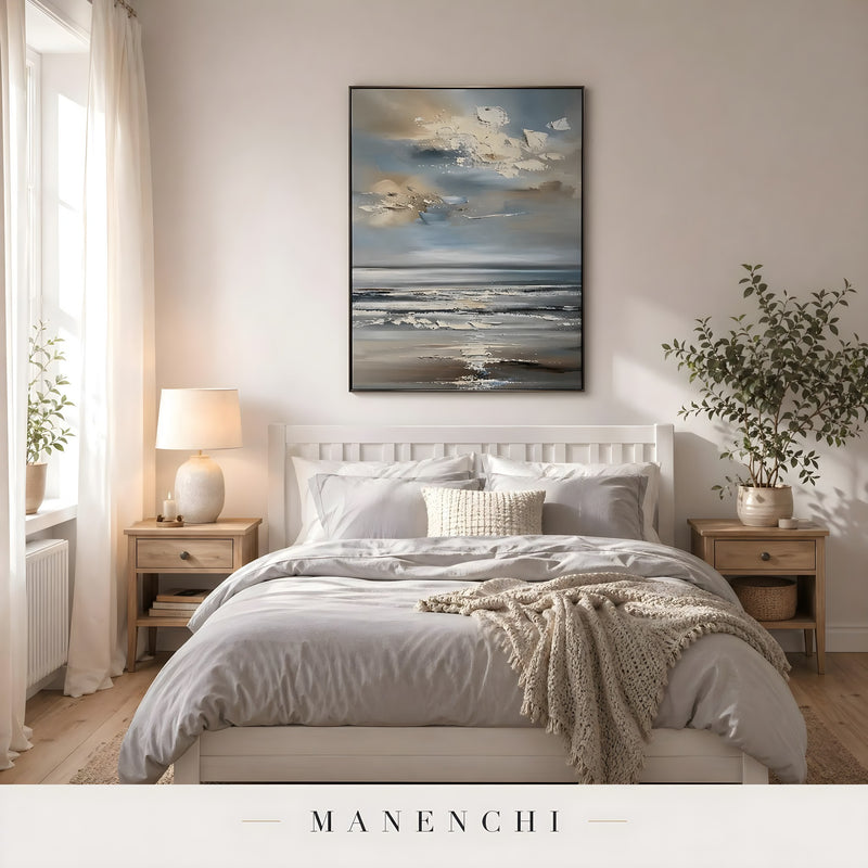Coastal Nocturnal Horizon abstract painting displayed in bedroom interior