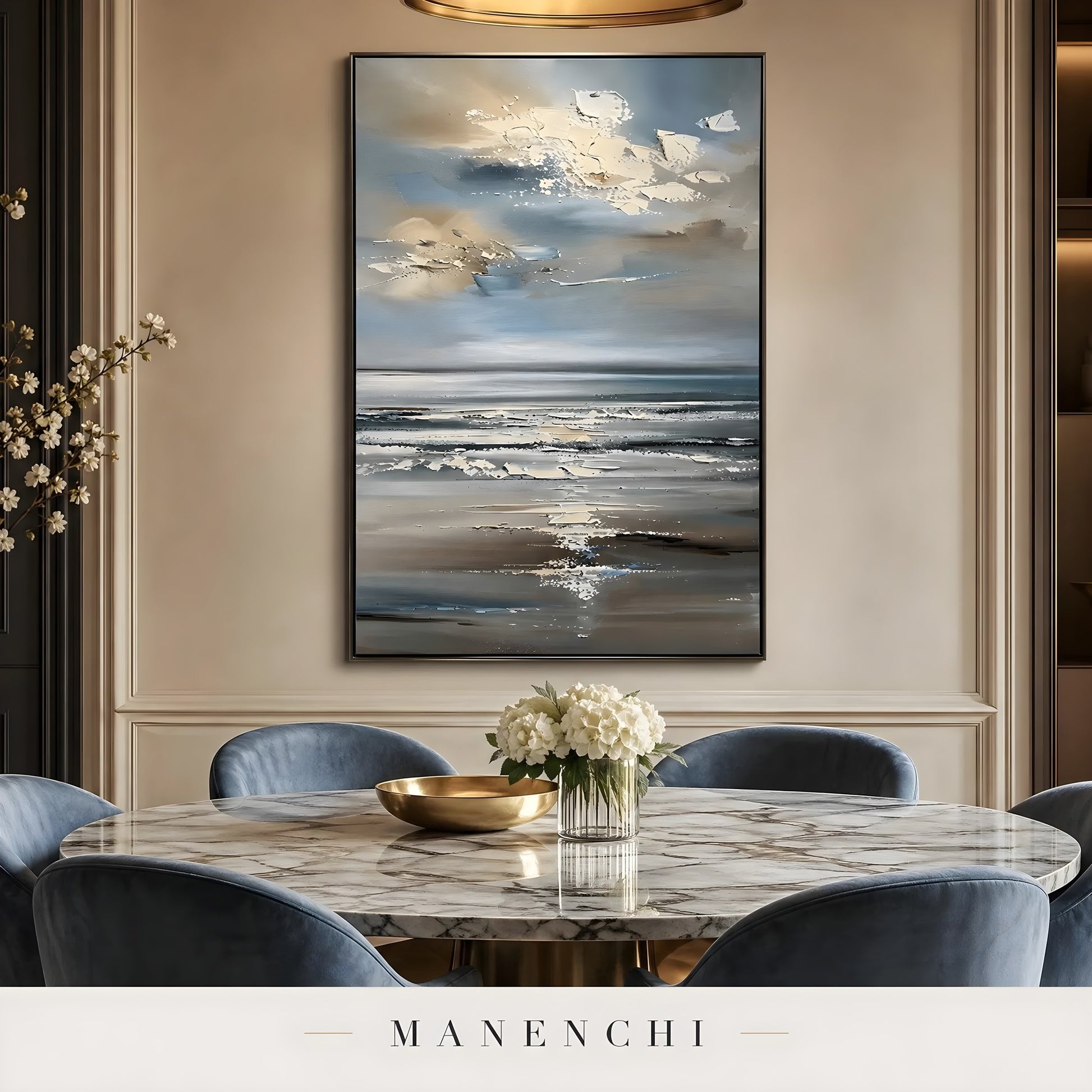Coastal Nocturnal Horizon abstract painting displayed in dining room