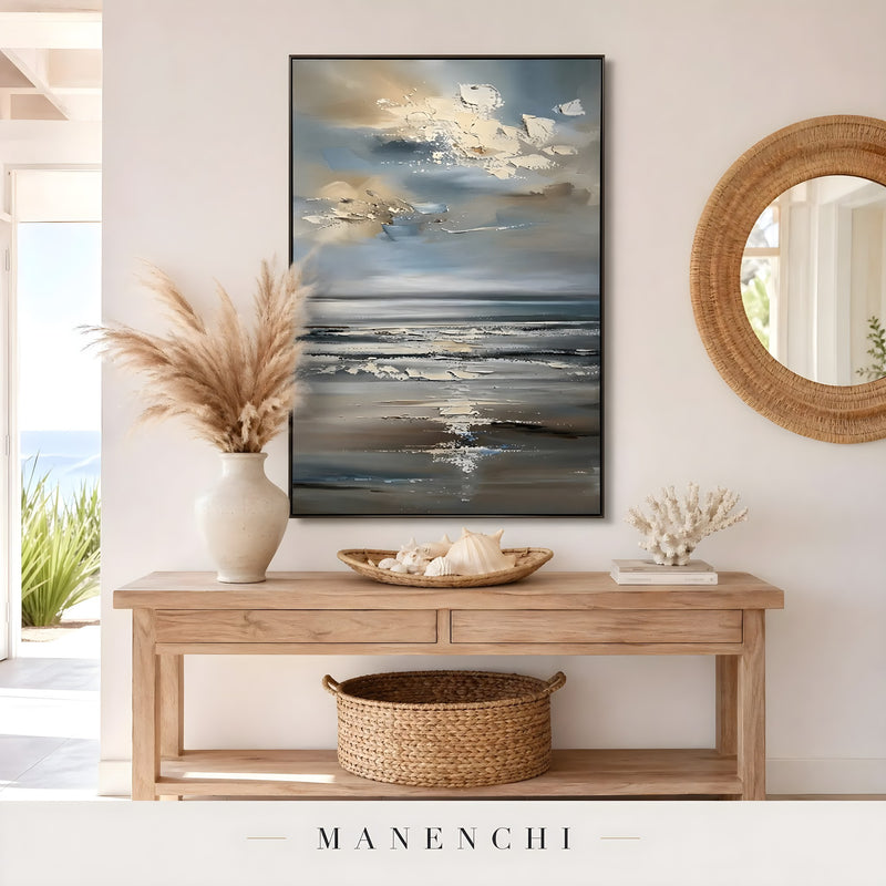 Coastal Nocturnal Horizon abstract painting displayed in entryway foyer