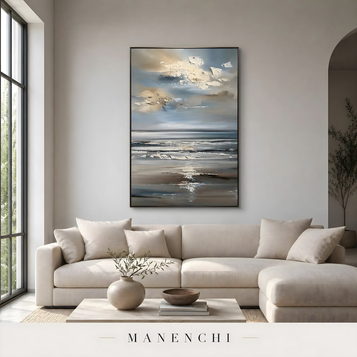 Coastal Nocturnal Horizon abstract painting displayed in living room sofa