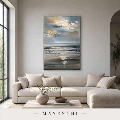 Coastal Nocturnal Horizon abstract painting displayed in living room sofa