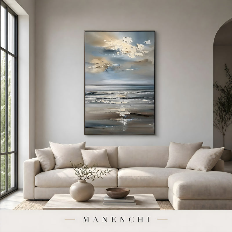 Coastal Nocturnal Horizon abstract painting displayed in living room sofa