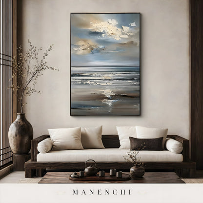 Coastal Nocturnal Horizon abstract painting displayed in living room sofa