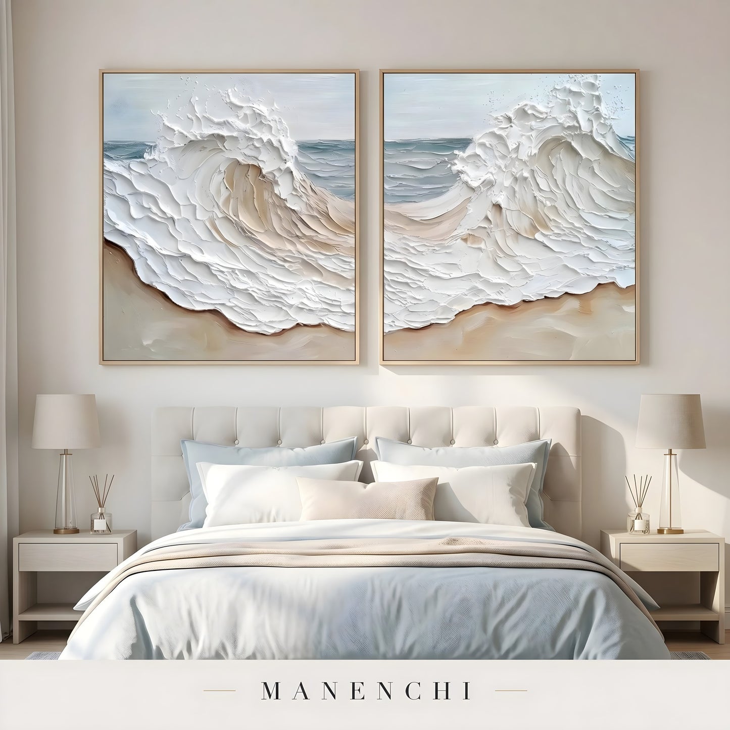 Coastal Sculpted Surge abstract painting displayed in bedroom with two paintings
