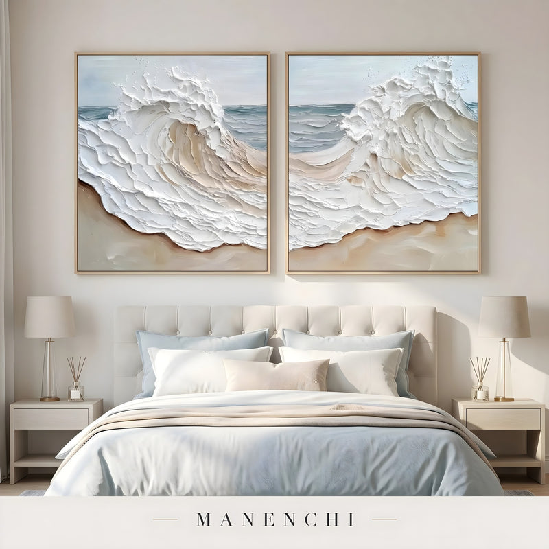 Coastal Sculpted Surge abstract painting displayed in bedroom with two paintings