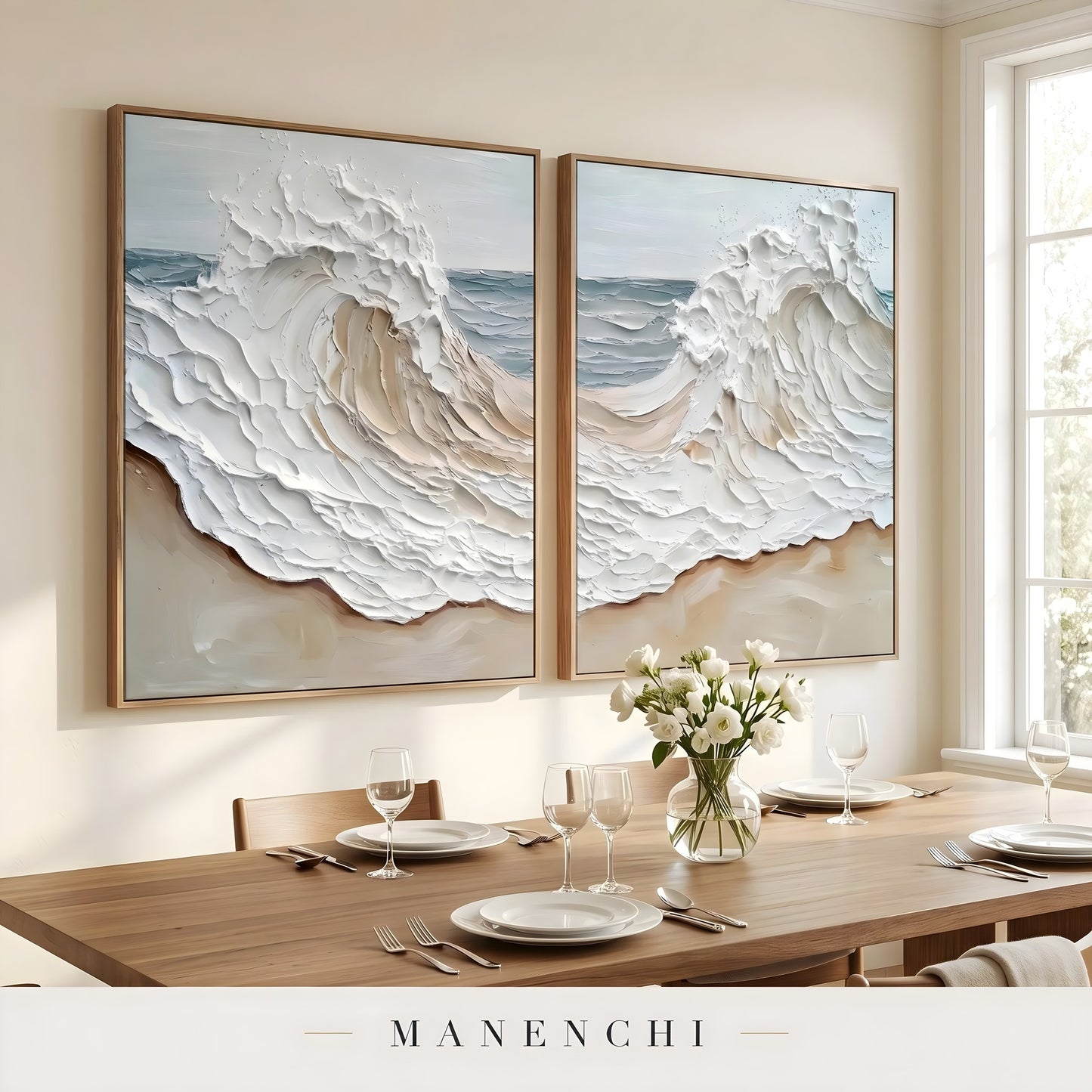 Coastal Sculpted Surge abstract painting displayed in dining room with two paintings