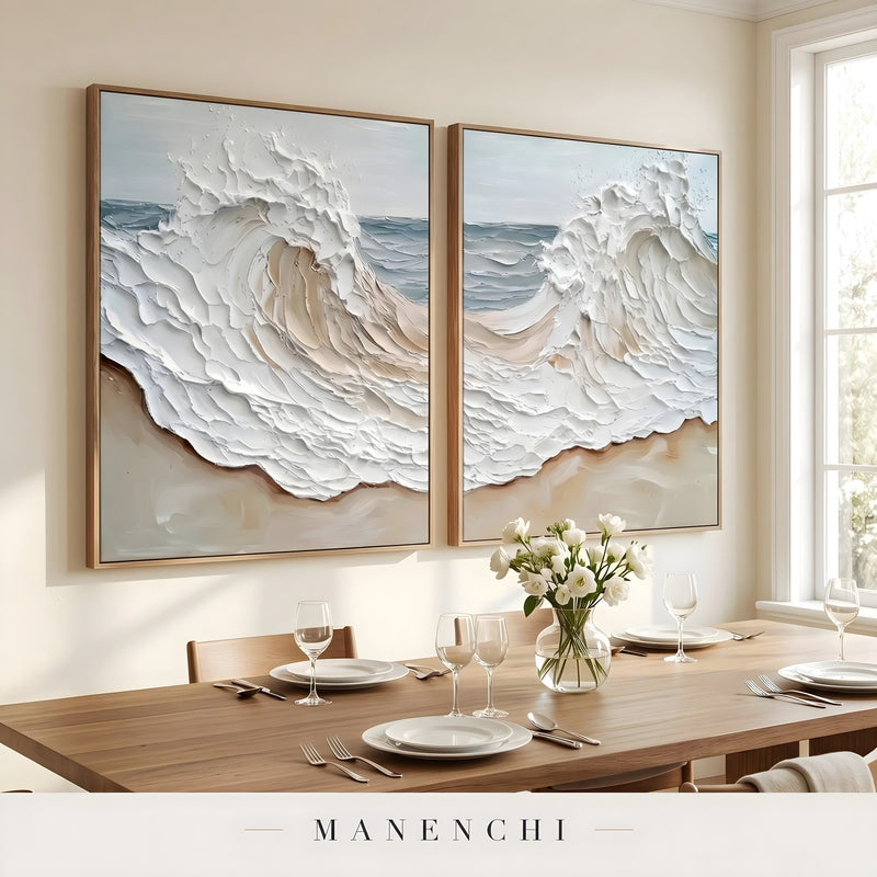 Coastal Sculpted Surge abstract painting displayed in dining room with two paintings