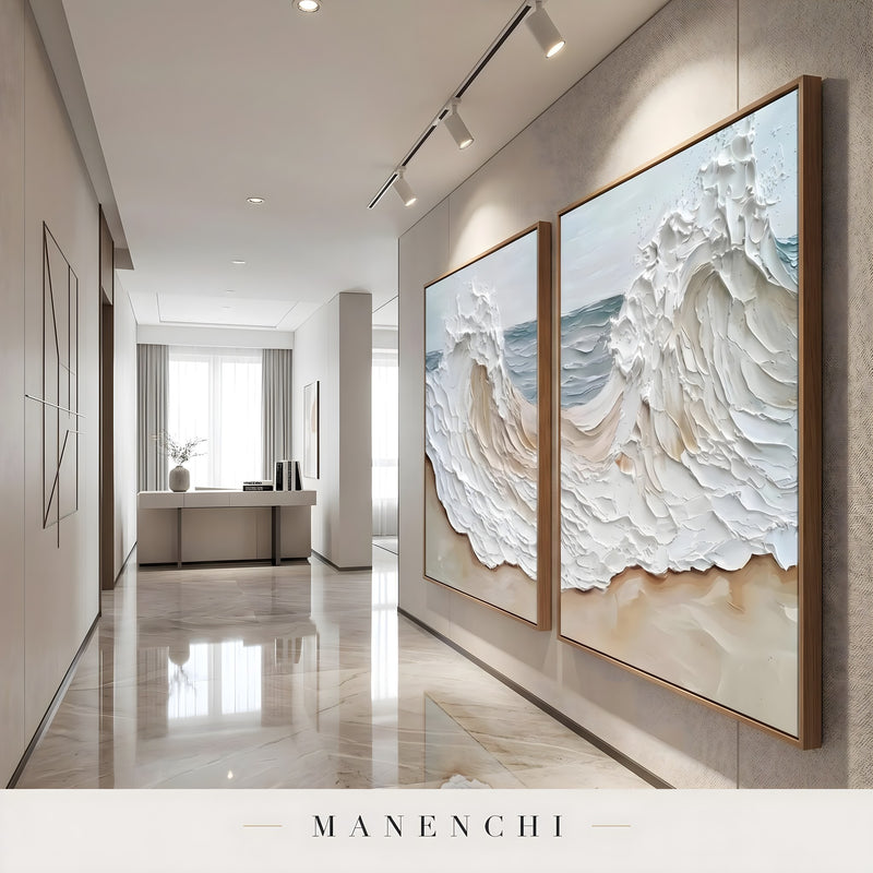 Coastal Sculpted Surge abstract painting displayed in hallway with two paintings