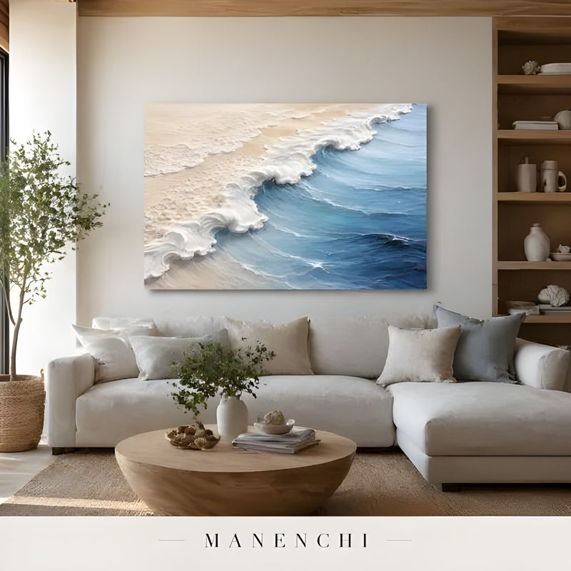 Coastal Sculpted Tide abstract painting displayed in coastal living room scene