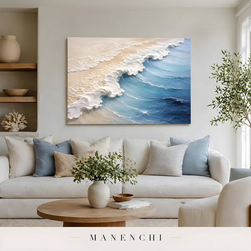 Coastal Sculpted Tide abstract painting displayed in living room interior display