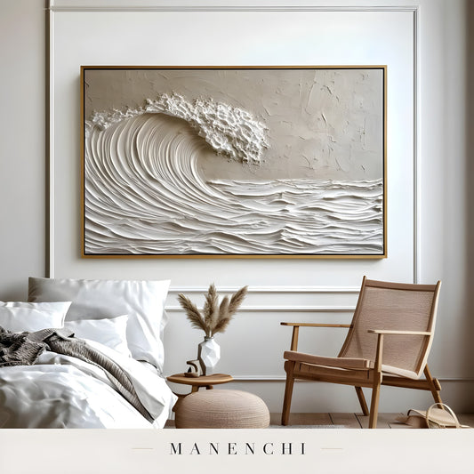 Coastal Sculptural Monolith abstract painting displayed in bedroom interior design