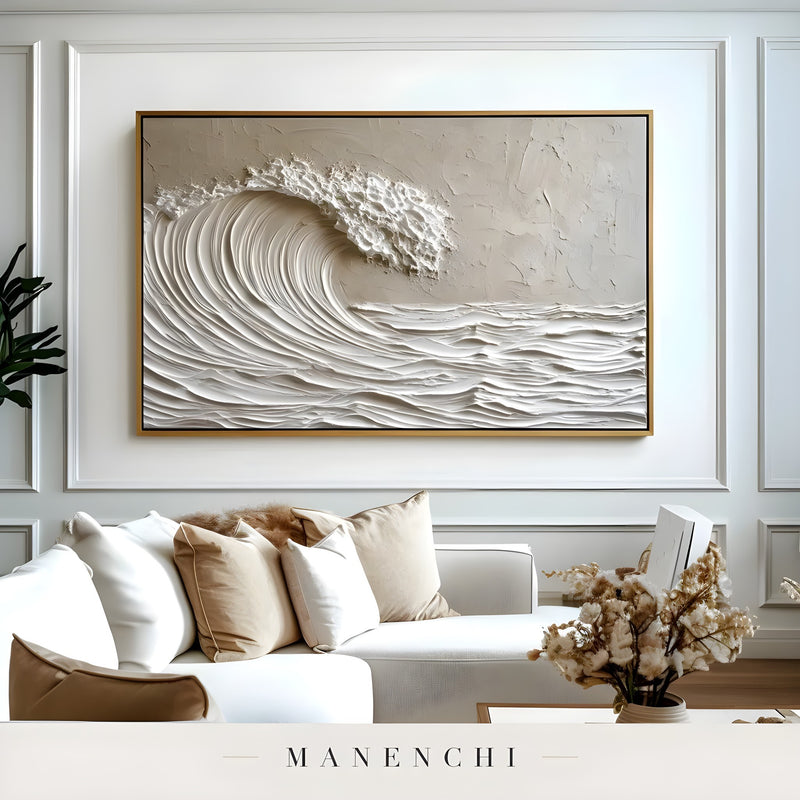 Coastal Sculptural Monolith abstract painting displayed in living room sofa decor