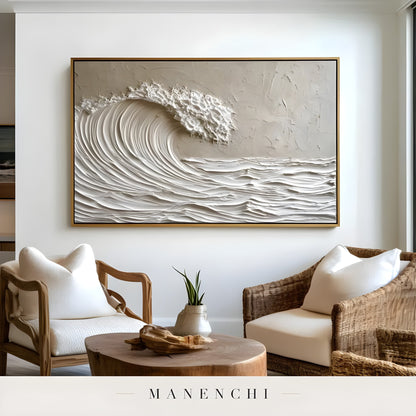 Coastal Sculptural Monolith abstract painting displayed in seating area modern lounge