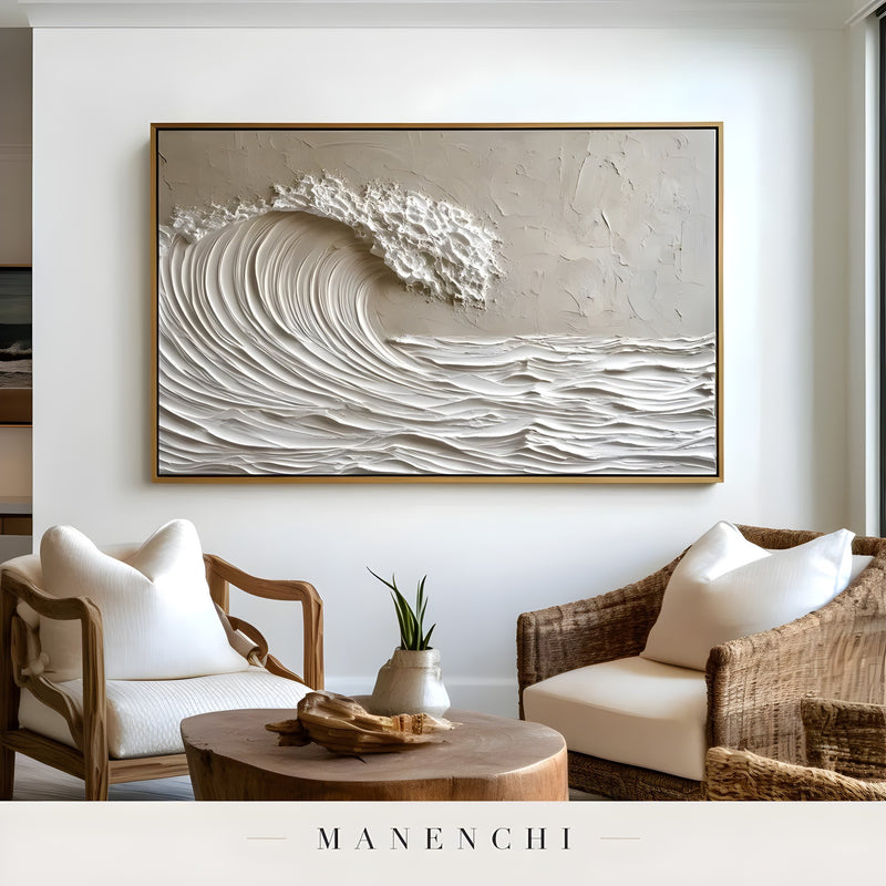 Coastal Sculptural Monolith abstract painting displayed in seating area modern lounge