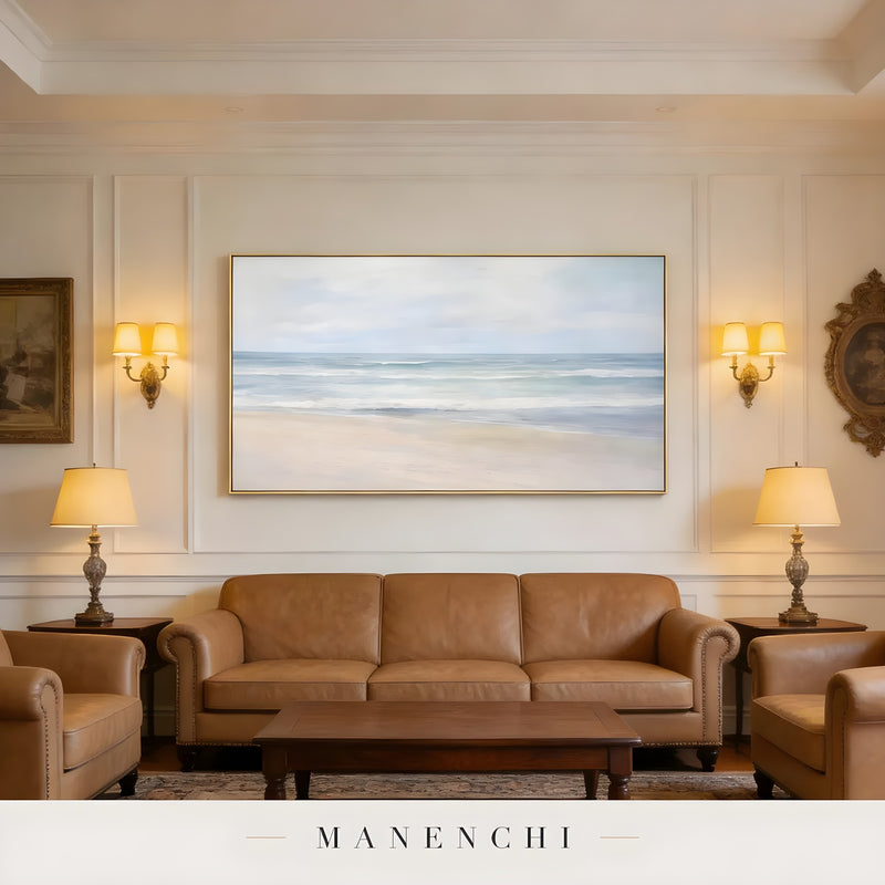 Coastal Serene Solitude abstract painting displayed in classic living room decor