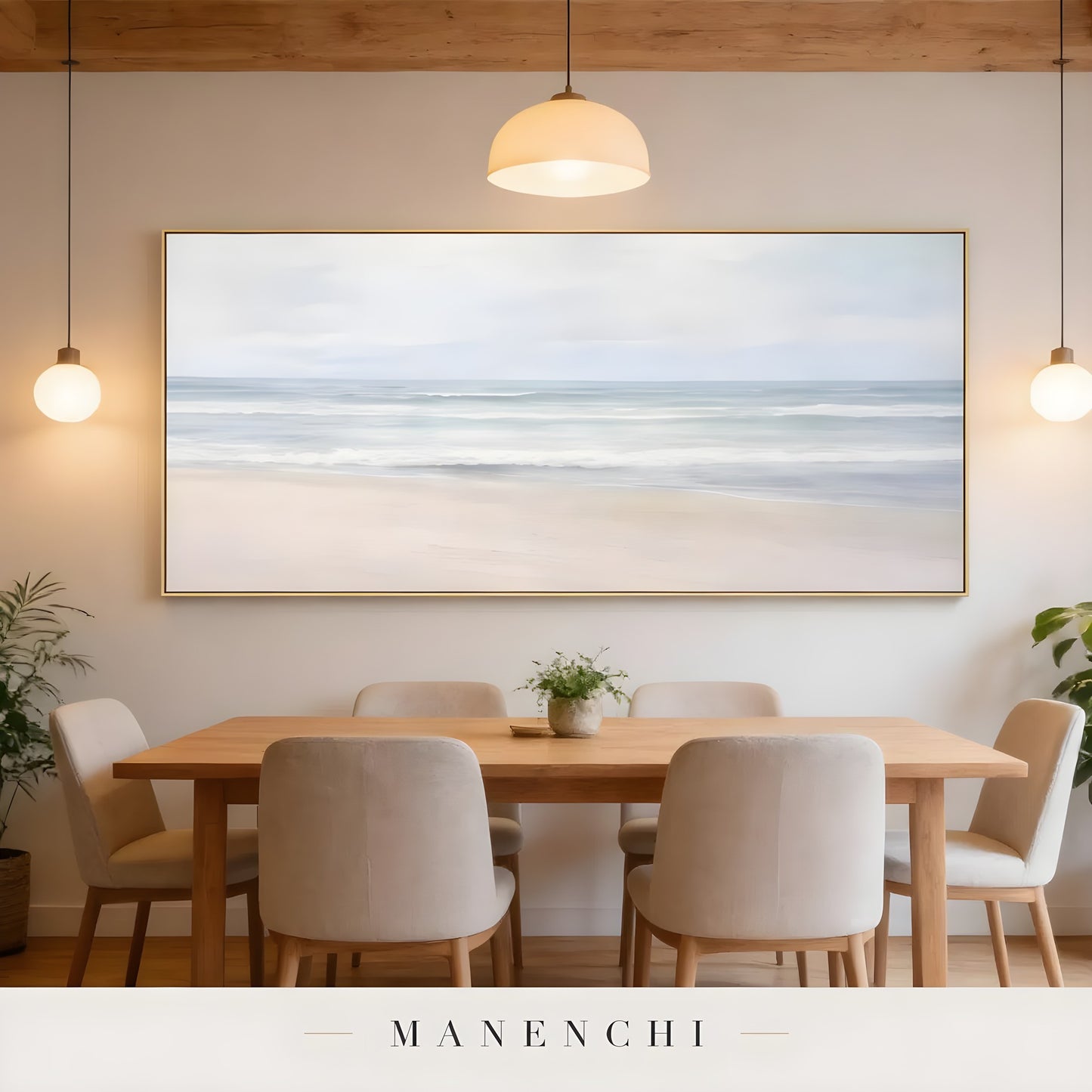 Coastal Serene Solitude abstract painting displayed in dining room interior
