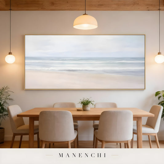 Coastal Serene Solitude abstract painting displayed in dining room interior