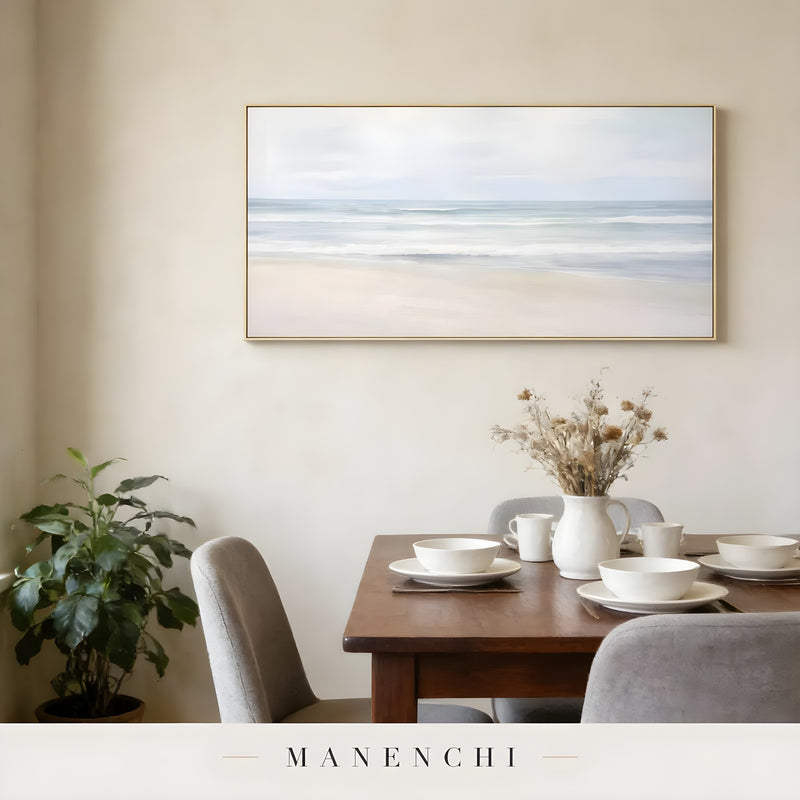Coastal Serene Solitude abstract painting displayed in dining room table setting