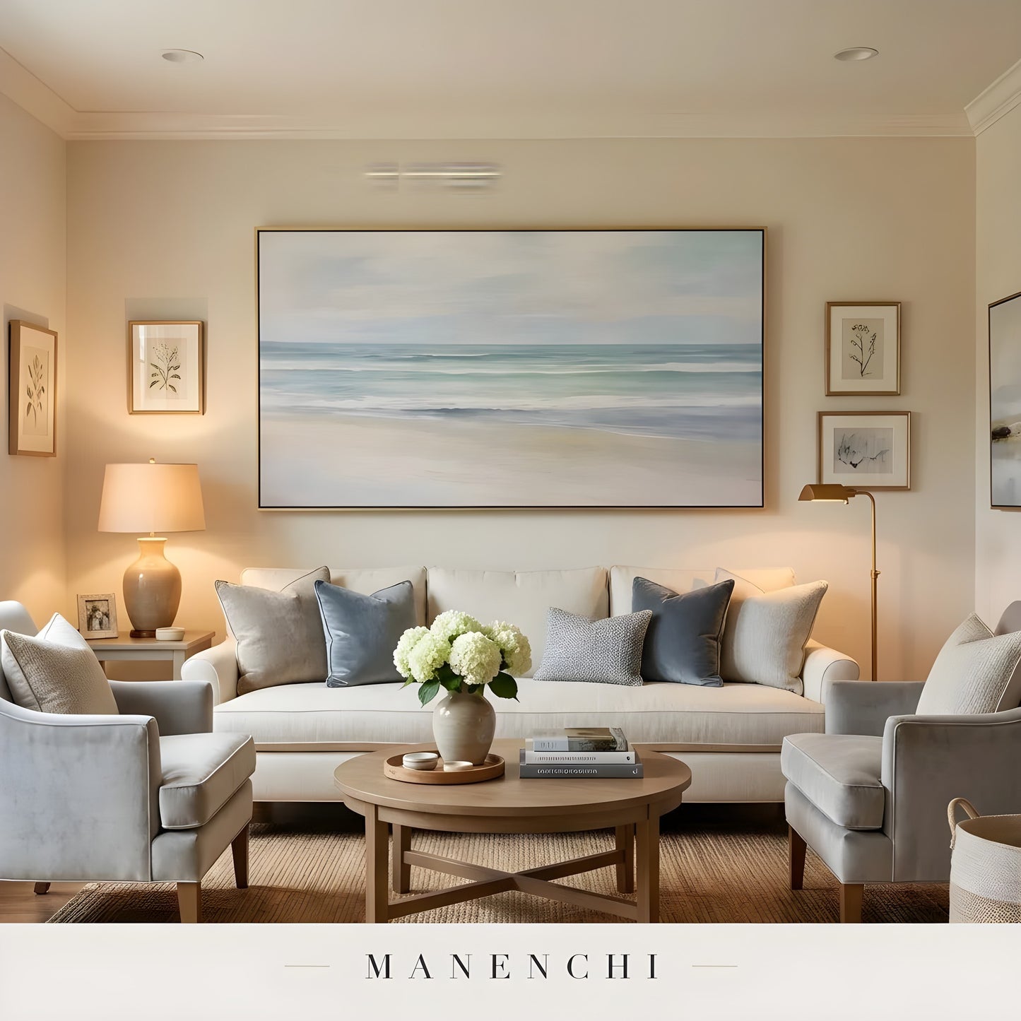 Coastal Serene Solitude abstract painting displayed in elegant living room setup