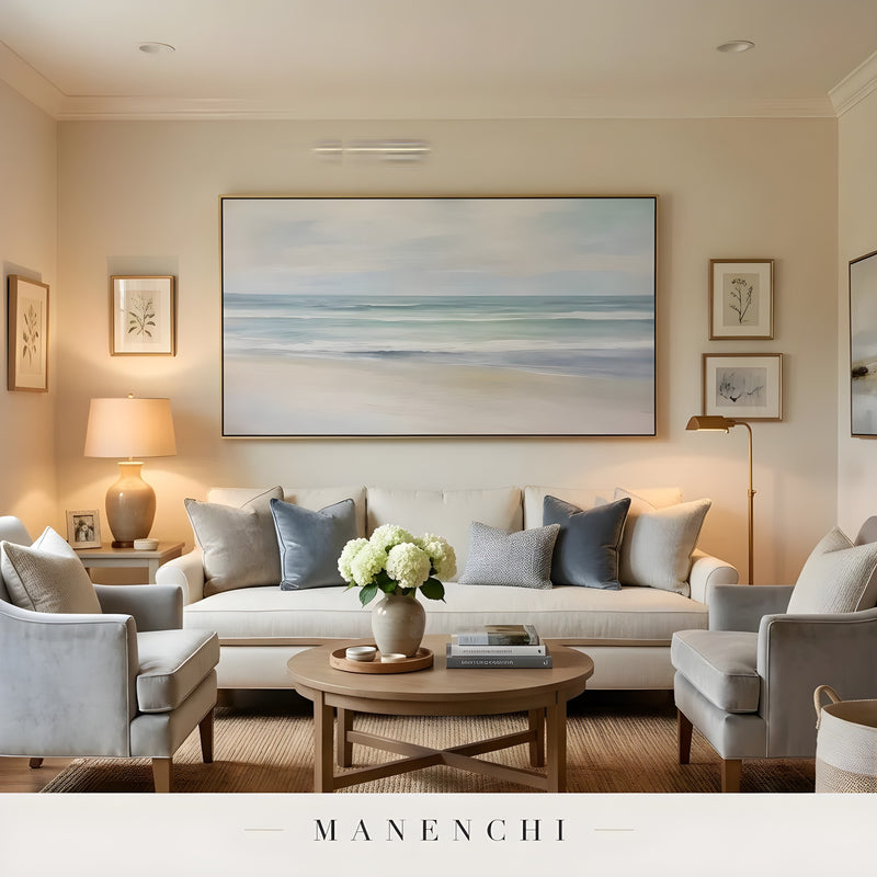 Coastal Serene Solitude abstract painting displayed in elegant living room setup