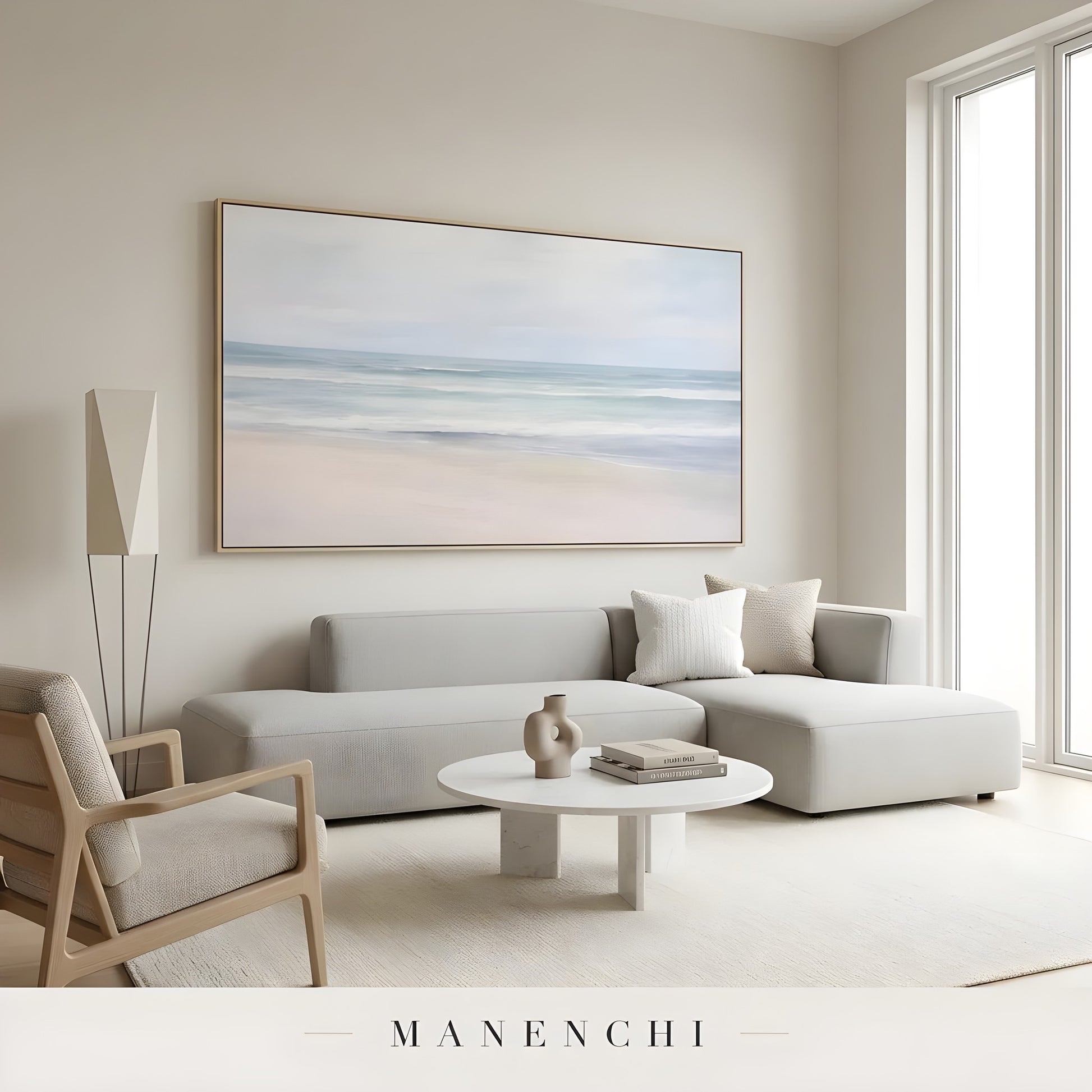 Coastal Serene Solitude abstract painting displayed in modern living room design