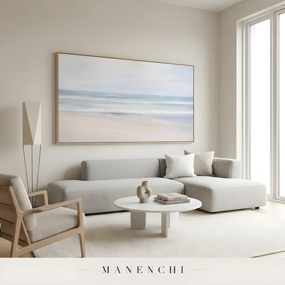 Coastal Serene Solitude abstract painting displayed in modern living room design