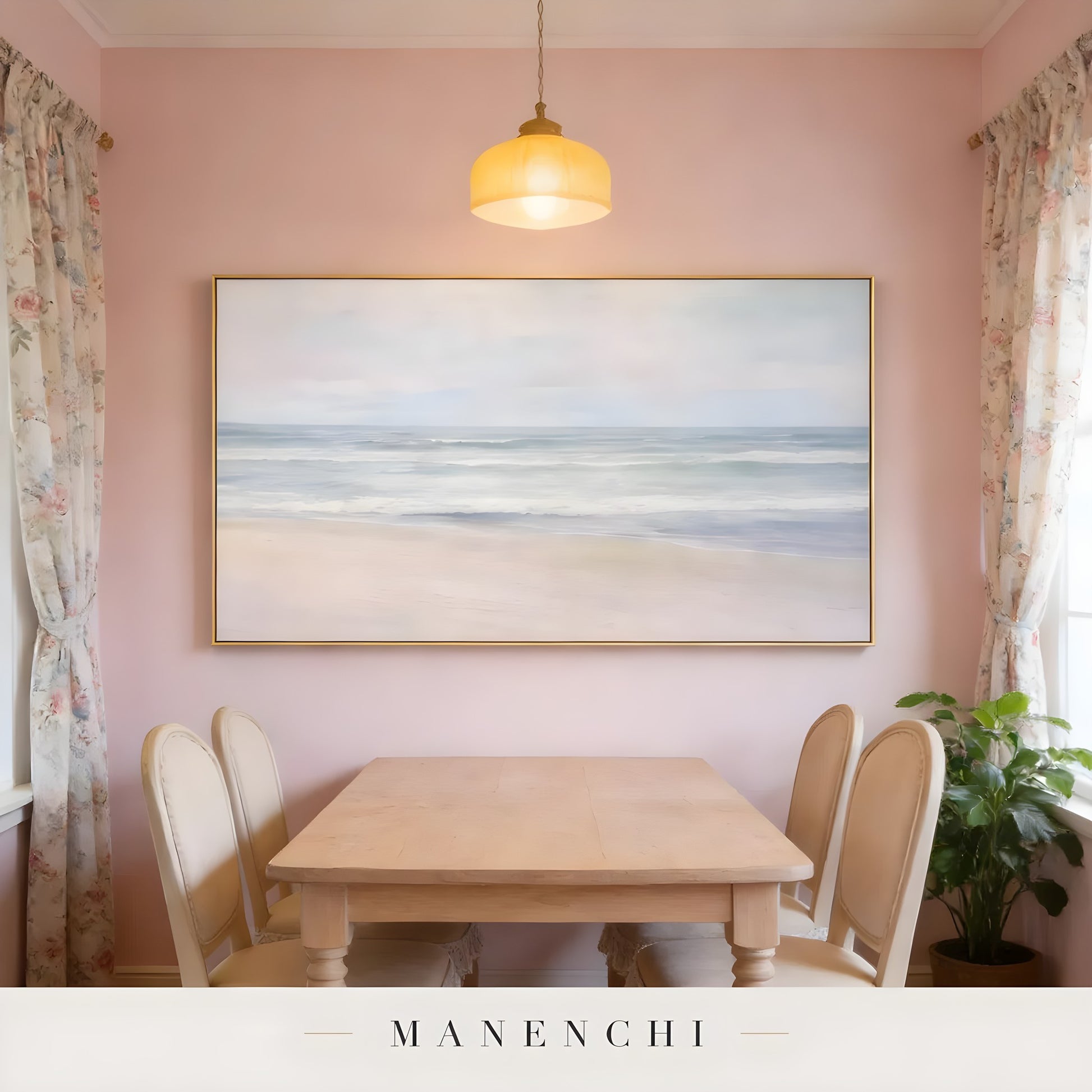 Coastal Serene Solitude abstract painting displayed in pink wall dining room