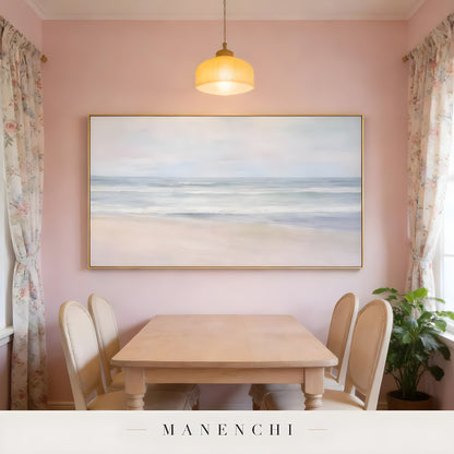 Coastal Serene Solitude abstract painting displayed in pink wall dining room