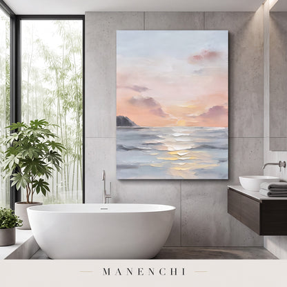 Coastal Serenity abstract painting displayed in bathroom
