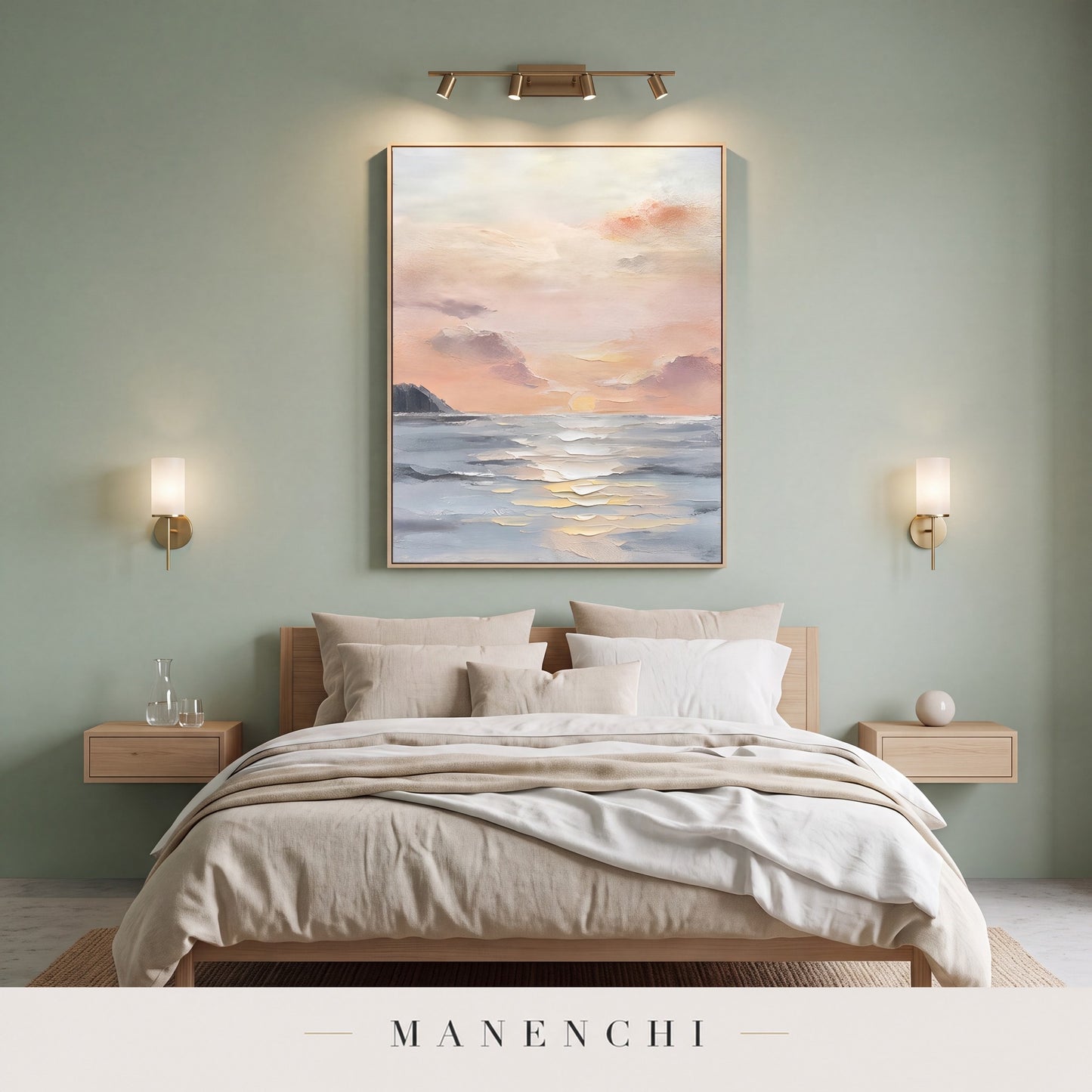 Coastal Serenity abstract painting displayed in a modern bedroom