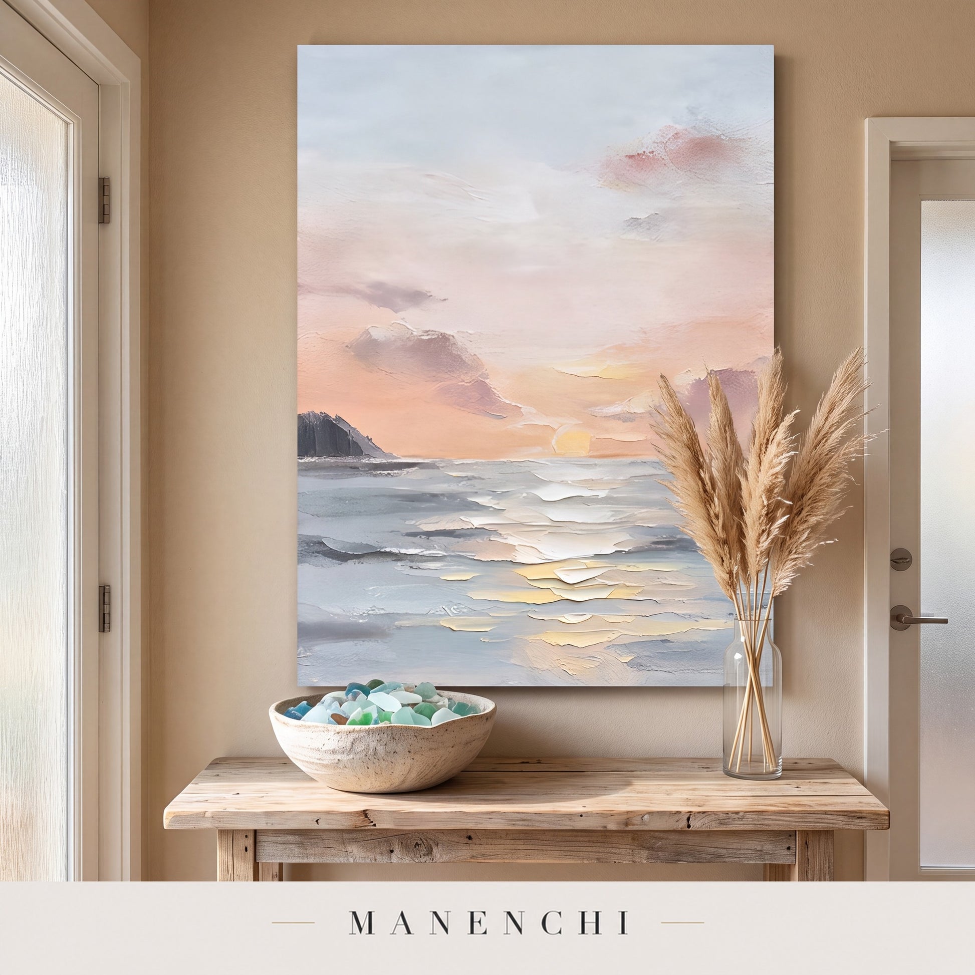 Coastal Serenity abstract painting displayed in an entryway