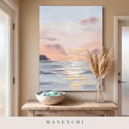 Coastal Serenity abstract painting displayed in an entryway