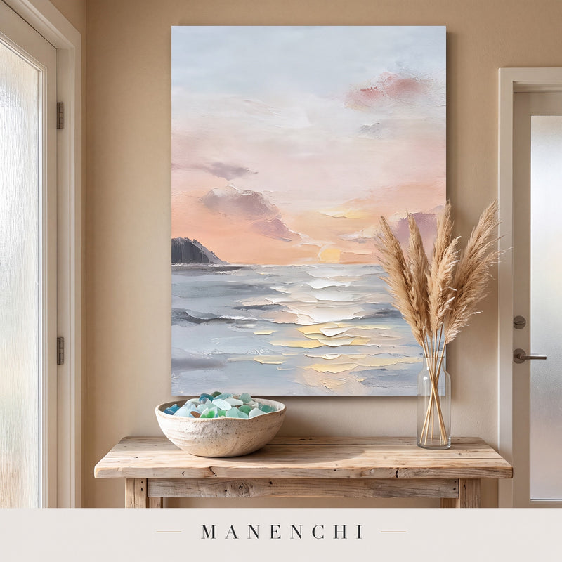 Coastal Serenity abstract painting displayed in an entryway