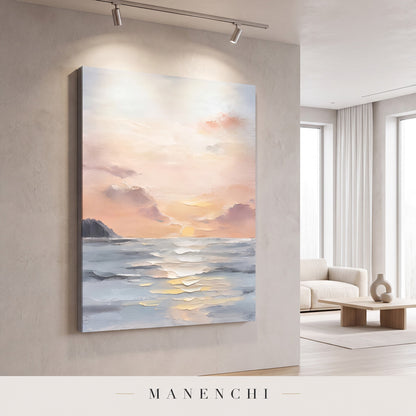 Coastal Serenity abstract painting displayed in a modern living room