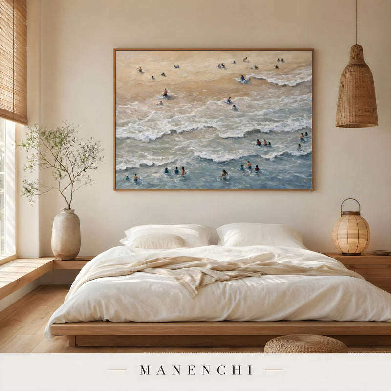 Coastal Solace abstract painting displayed in bedroom lifestyle