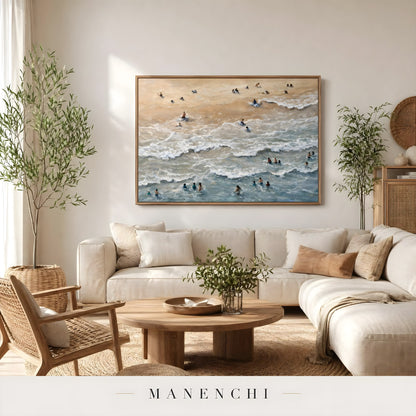 Coastal Solace abstract painting displayed in living room lifestyle