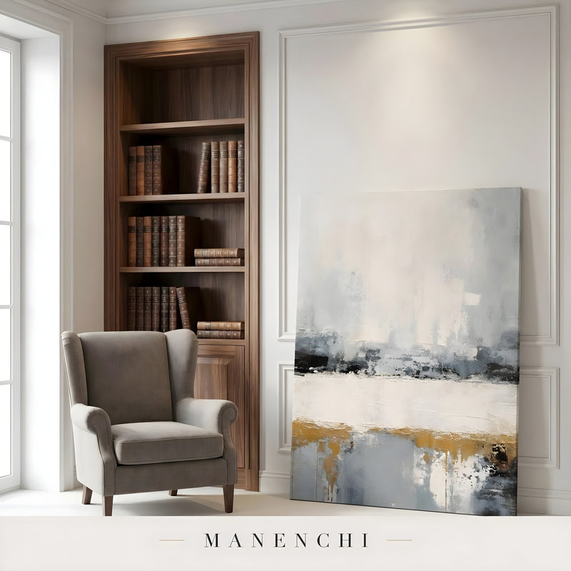 Coastal Strata Horizon abstract painting displayed in coastal strata horizon living room
