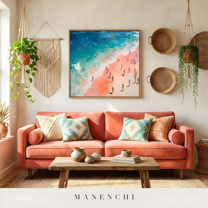 Coastal Sunlit Reverie abstract painting displayed in coastal style living room