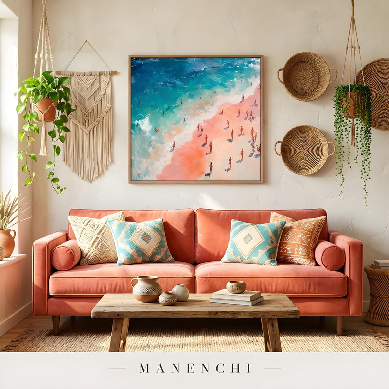 Coastal Sunlit Reverie abstract painting displayed in coastal style living room