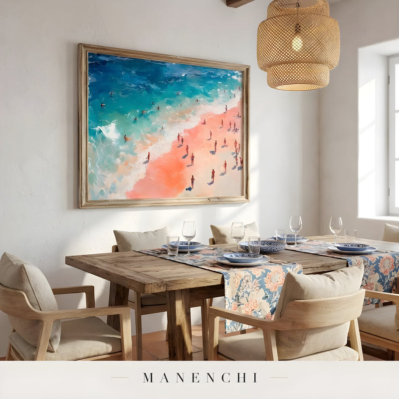 Coastal Sunlit Reverie abstract painting displayed in rustic dining room setting