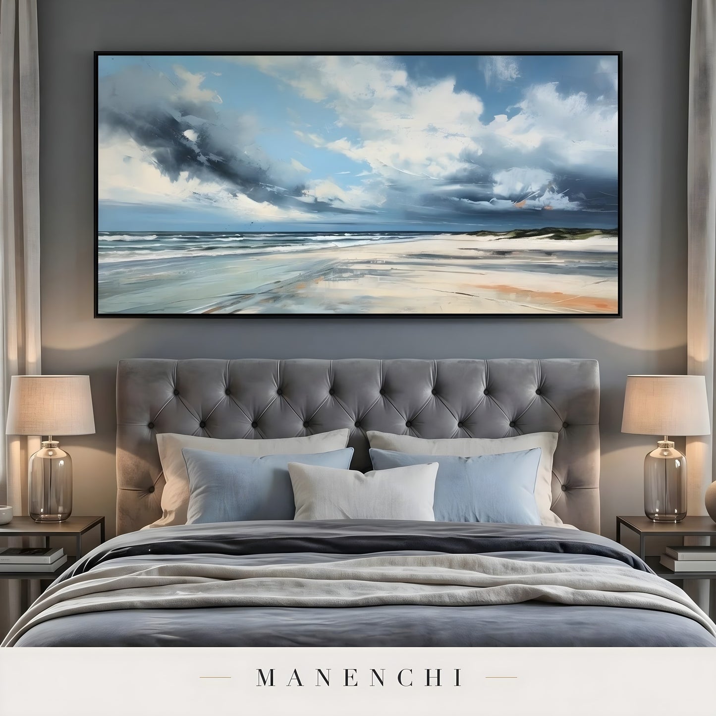 Coastal Tempest Horizon abstract painting displayed in bedroom with coastal art