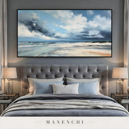 Coastal Tempest Horizon abstract painting displayed in bedroom with coastal art