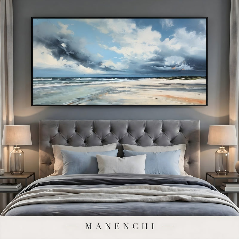 Coastal Tempest Horizon abstract painting displayed in bedroom with coastal art
