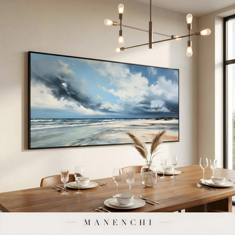 Coastal Tempest Horizon abstract painting displayed in dining room table setting